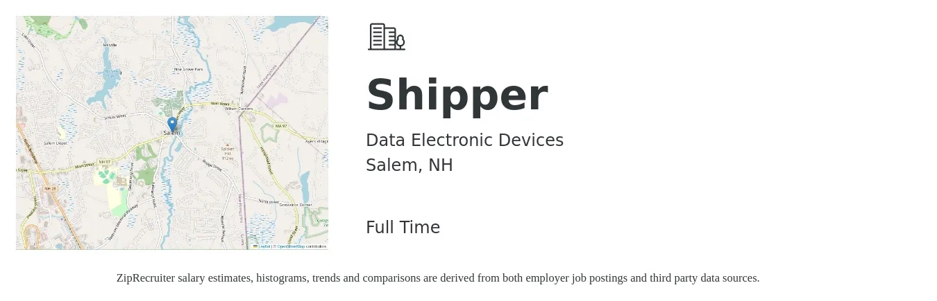 Data Electronic Devices job posting for a Shipper in Salem, NH with a salary of $16 to $20 Hourly with a map of Salem location.