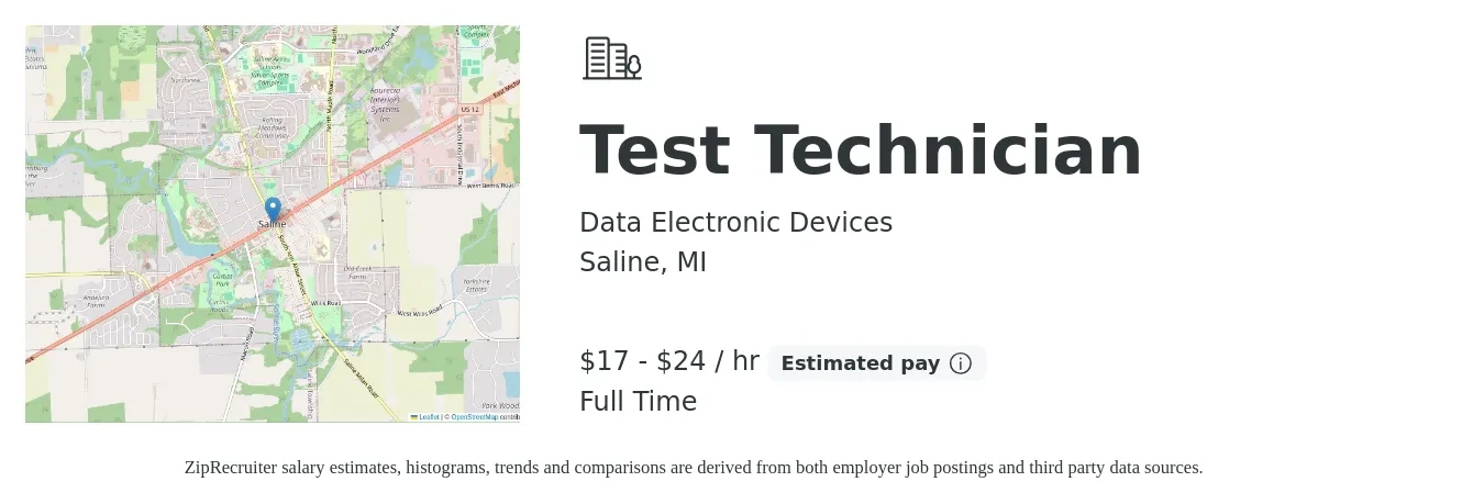 Data Electronic Devices job posting for a Test Technician in Saline, MI with a salary of $18 to $25 Hourly with a map of Saline location.