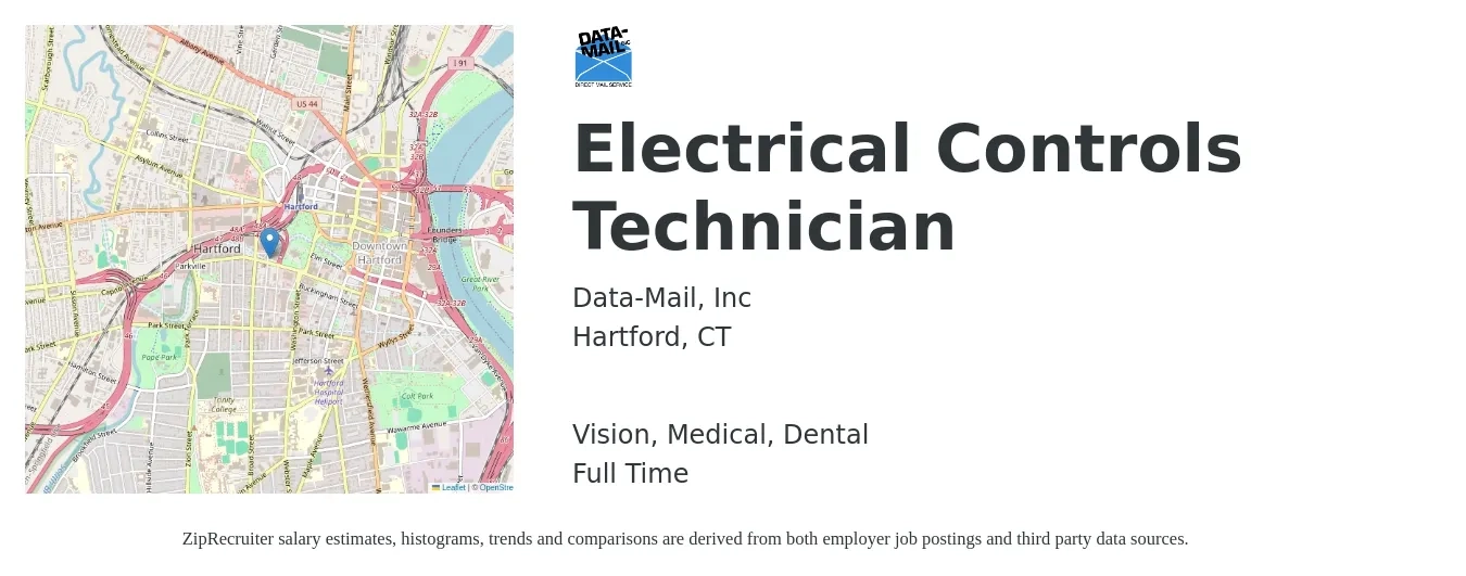 Data-Mail, Inc job posting for a Electrical Controls Technician in Hartford, CT with a salary of $28 to $37 Hourly and benefits including life_insurance, medical, pto, retirement, vision, and dental with a map of Hartford location.