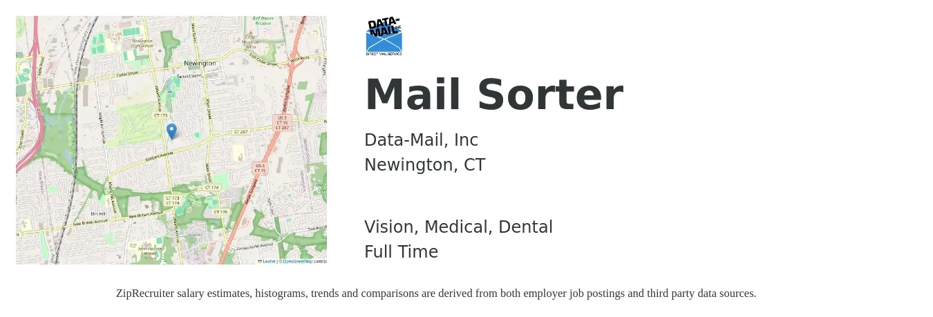 Data-Mail, Inc job posting for a Mail Sorter in Newington, CT with a salary of $16 to $19 Hourly and benefits including retirement, vision, dental, life_insurance, medical, and pto with a map of Newington location.