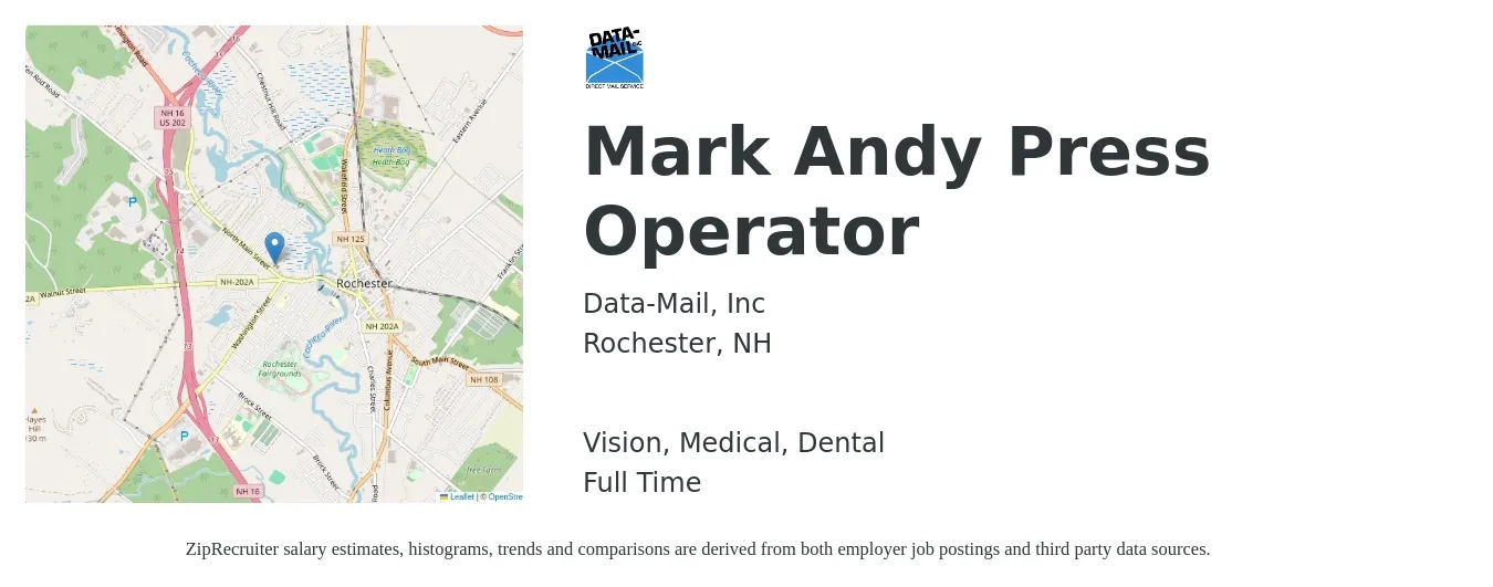 Data-Mail, Inc job posting for a Mark Andy Press Operator in Rochester, NH with a salary of $16 to $21 Hourly and benefits including dental, life_insurance, medical, pto, retirement, and vision with a map of Rochester location.