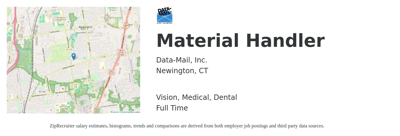Data-Mail, Inc job posting for a Material Handler in Newington, CT with a salary of $17 to $20 Hourly and benefits including retirement, vision, dental, life_insurance, medical, and pto with a map of Newington location.