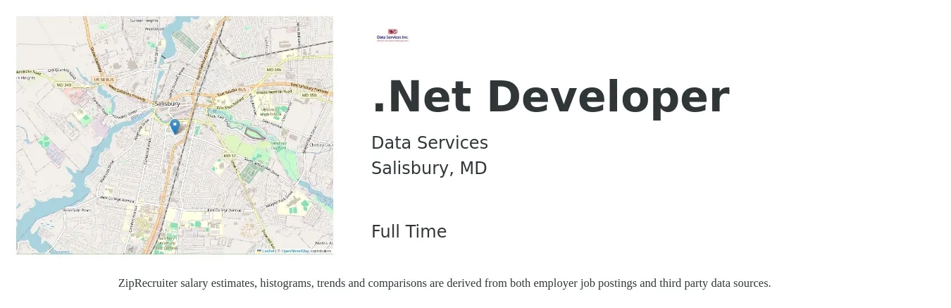 Data Services job posting for a .Net Developer in Salisbury, MD with a salary of $48 to $63 Hourly with a map of Salisbury location.