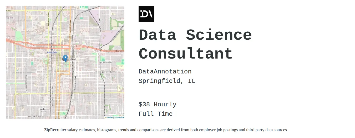 DataAnnotation job posting for a Data Science Consultant in Springfield, IL with a salary of $40 Hourly with a map of Springfield location.