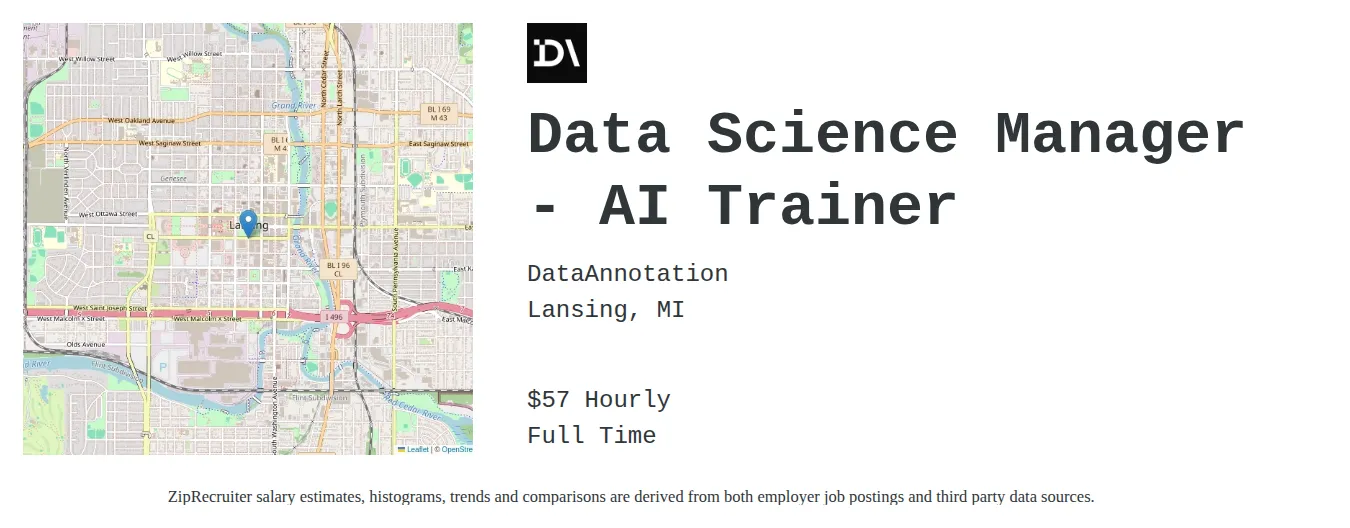 DataAnnotation job posting for a Data Science Manager - AI Trainer in Lansing, MI with a salary of $60 Hourly with a map of Lansing location.