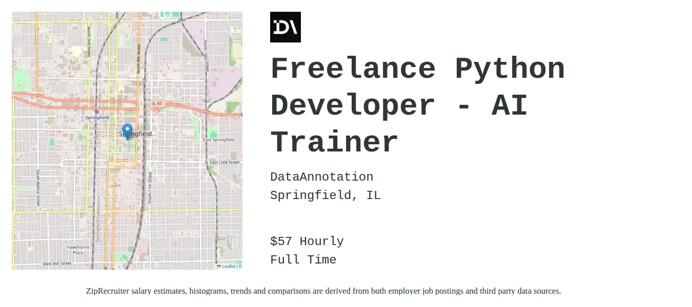 DataAnnotation job posting for a Freelance Python Developer - AI Trainer in Springfield, IL with a salary of $60 Hourly with a map of Springfield location.