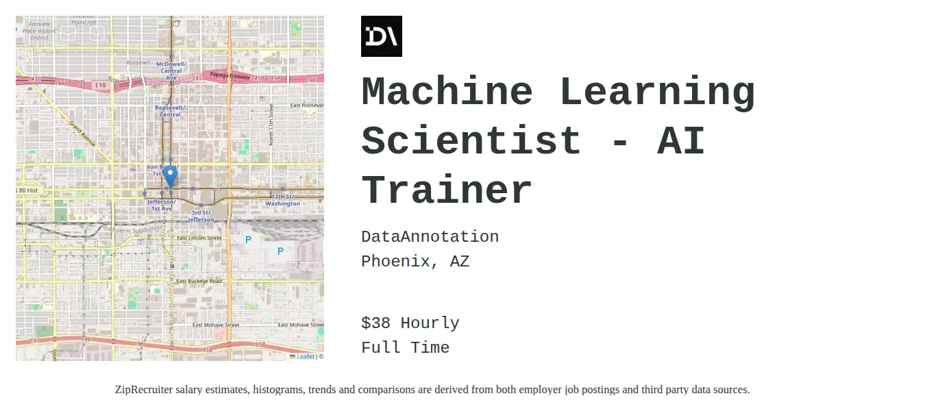 DataAnnotation job posting for a Machine Learning Scientist - AI Trainer in Phoenix, AZ with a salary of $40 Hourly with a map of Phoenix location.