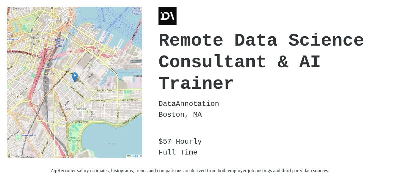 DataAnnotation job posting for a Remote Data Science Consultant & AI Trainer in Boston, MA with a salary of $60 Hourly with a map of Boston location.