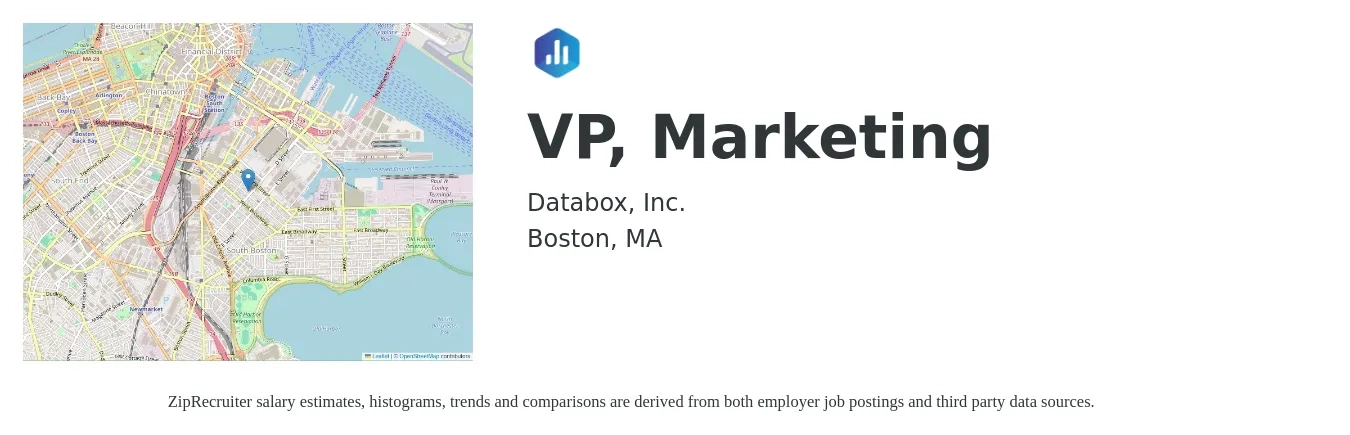 Databox, Inc. job posting for a VP, Marketing in Boston, MA with a salary of $148,800 to $222,700 Yearly with a map of Boston location.