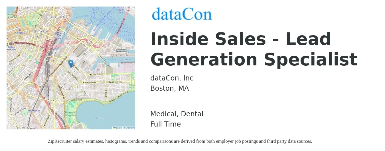 dataCon, Inc job posting for a Inside Sales - Lead Generation Specialist in Boston, MA with a salary of $44,500 to $69,500 Yearly and benefits including medical, retirement, dental, and life_insurance with a map of Boston location.