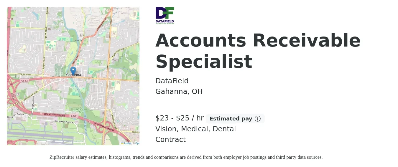 DataField job posting for a Accounts Receivable Specialist in Gahanna, OH with a salary of $24 to $27 Hourly and benefits including medical, retirement, vision, dental, and life_insurance with a map of Gahanna location.