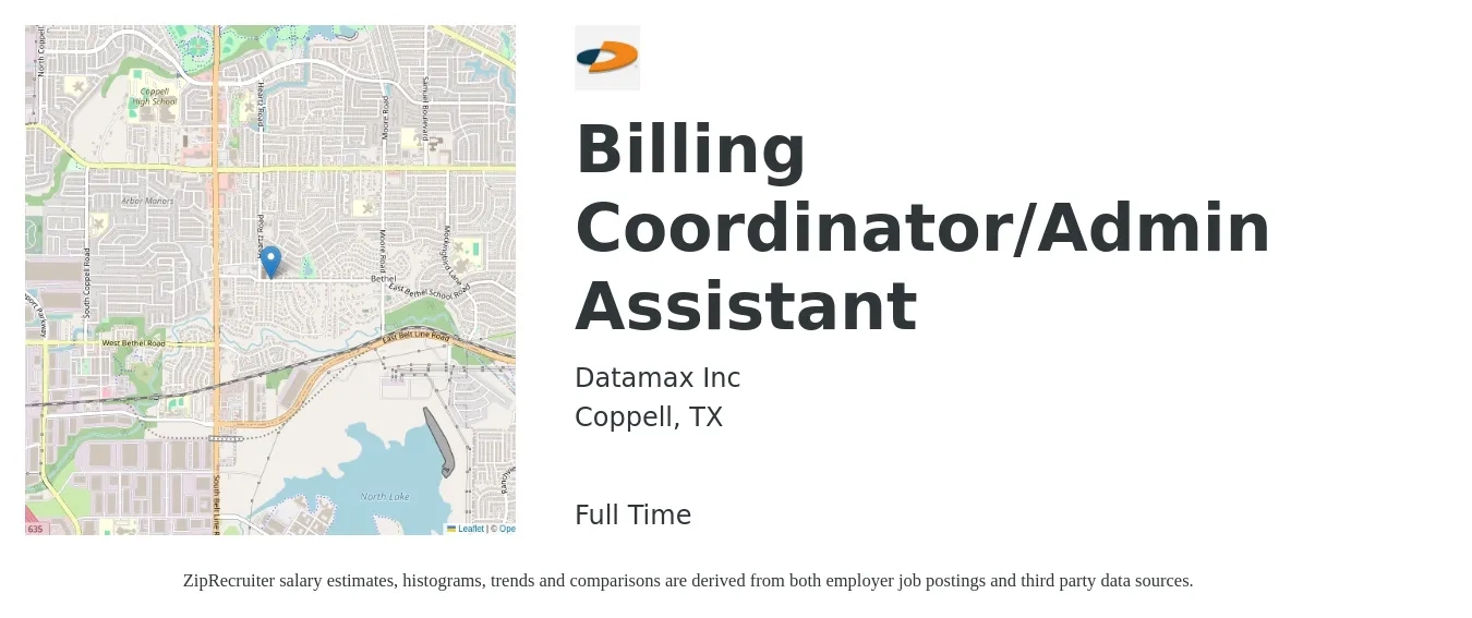 Datamax Inc job posting for a Billing Coordinator/Admin Assistant in Coppell, TX with a salary of $17 to $23 Hourly with a map of Coppell location.