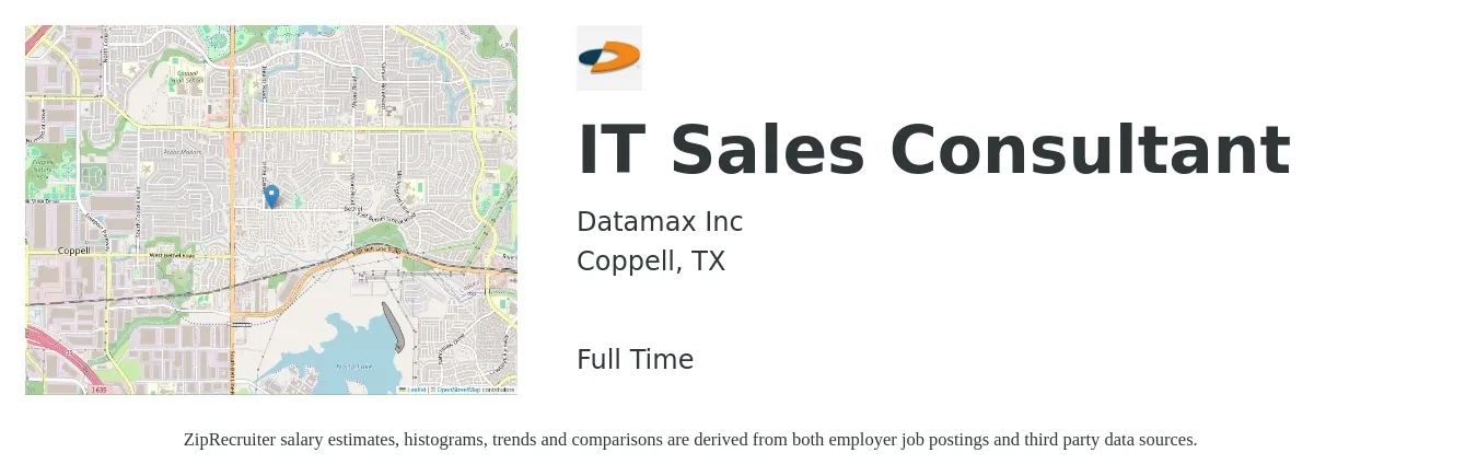 Datamax Inc job posting for a IT Sales Consultant in Coppell, TX with a salary of $69,700 to $91,600 Yearly with a map of Coppell location.