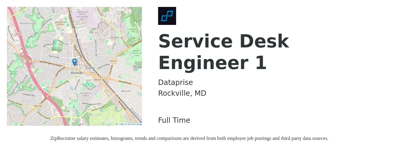 Dataprise job posting for a Service Desk Engineer 1 in Rockville, MD with a salary of $50,000 to $73,400 Yearly with a map of Rockville location.
