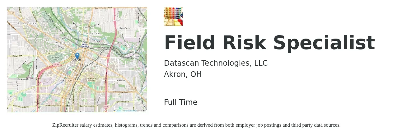 Datascan Technologies, LLC job posting for a Field Risk Specialist in Akron, OH with a salary of $22 to $34 Hourly with a map of Akron location.