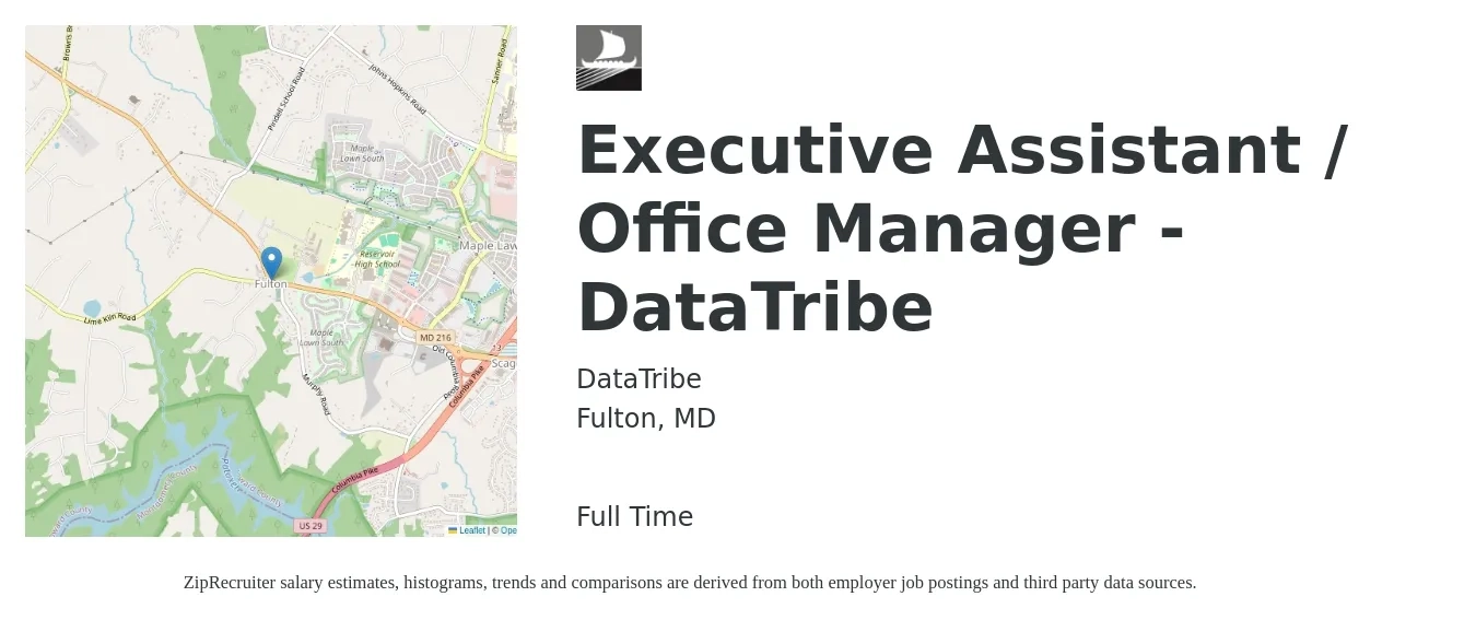 DataTribe job posting for a Executive Assistant / Office Manager - DataTribe in Fulton, MD with a salary of $46,900 to $75,700 Yearly with a map of Fulton location.
