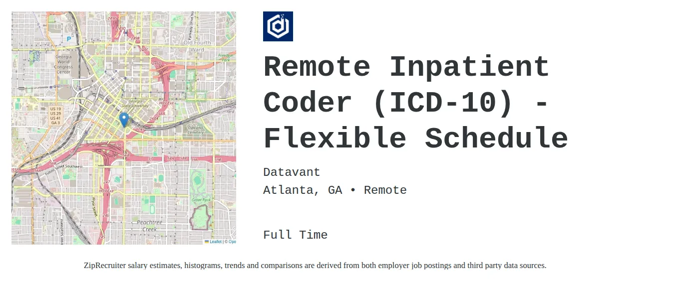 Datavant job posting for a Remote Inpatient Coder (ICD-10) - Flexible Schedule in Springfield, IL with a salary of $22 to $26 Hourly and benefits including Medical, Dental, and Retirement with a map of Springfield location.