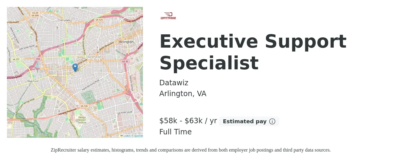 Datawiz job posting for a Executive Support Specialist in Arlington, VA with a salary of $58,000 to $63,000 Yearly with a map of Arlington location.