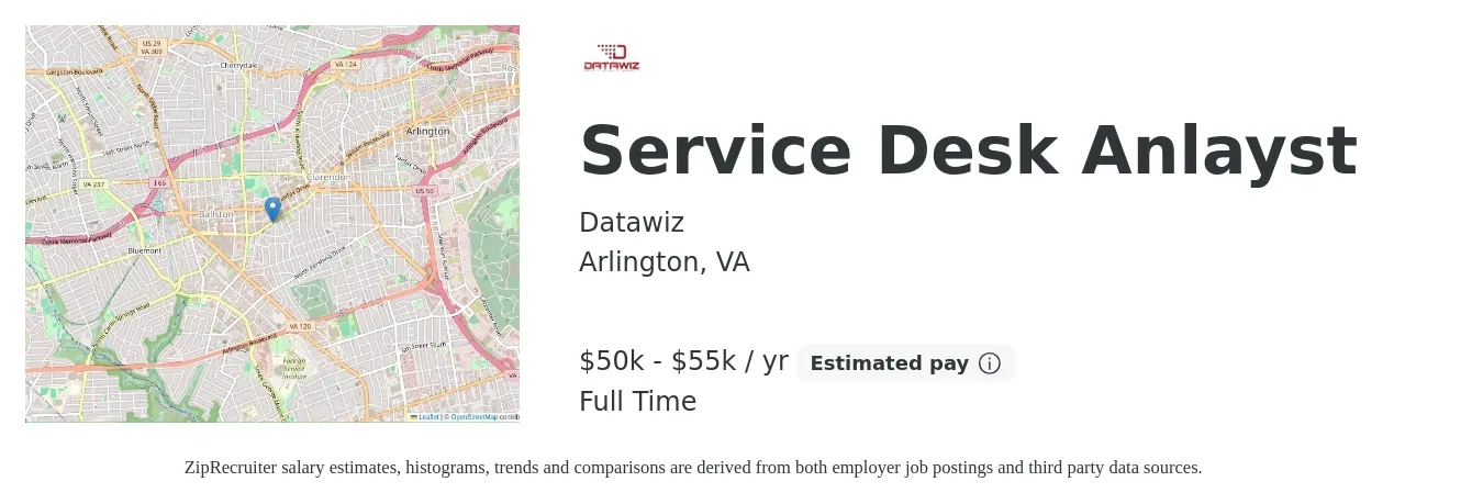 Datawiz job posting for a Service Desk Anlayst in Arlington, VA with a salary of $50,000 to $55,000 Yearly with a map of Arlington location.