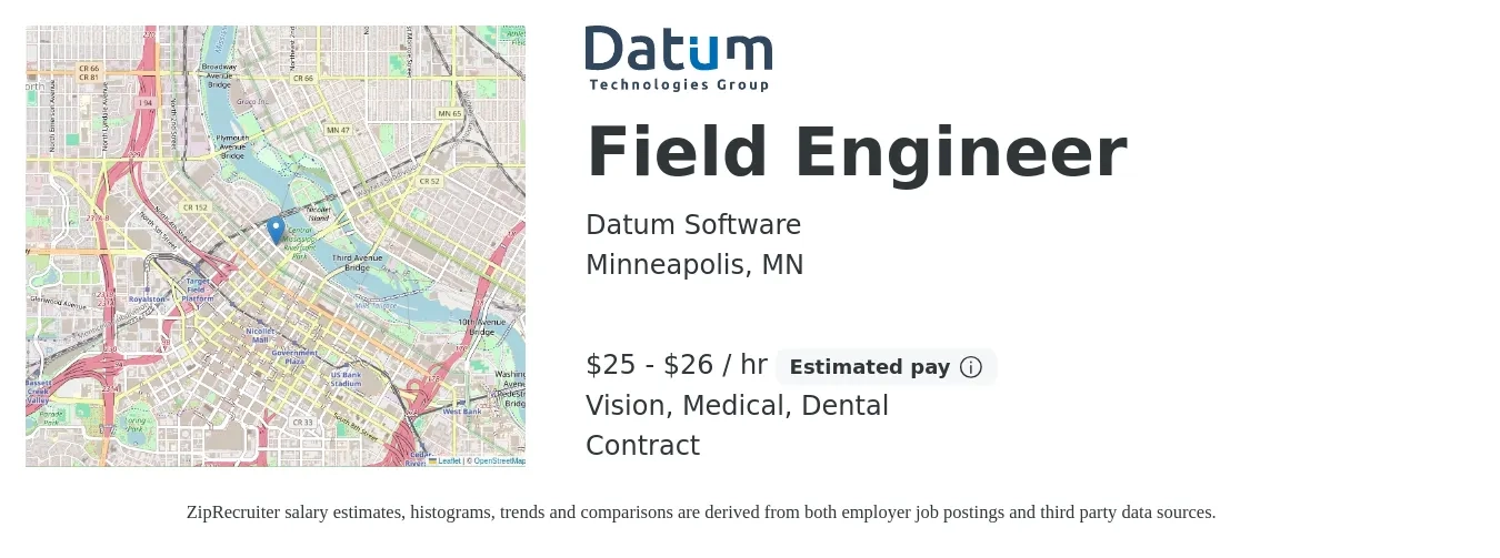 Datum Software job posting for a Field Engineer in Minneapolis, MN with a salary of $27 to $28 Hourly and benefits including vision, dental, and medical with a map of Minneapolis location.