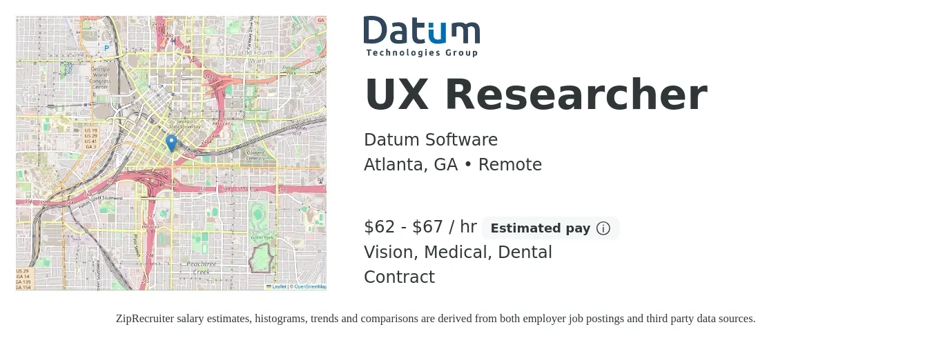Datum Software job posting for a UX Researcher in Atlanta, GA with a salary of $65 to $70 Hourly and benefits including dental, medical, and vision with a map of Atlanta location.