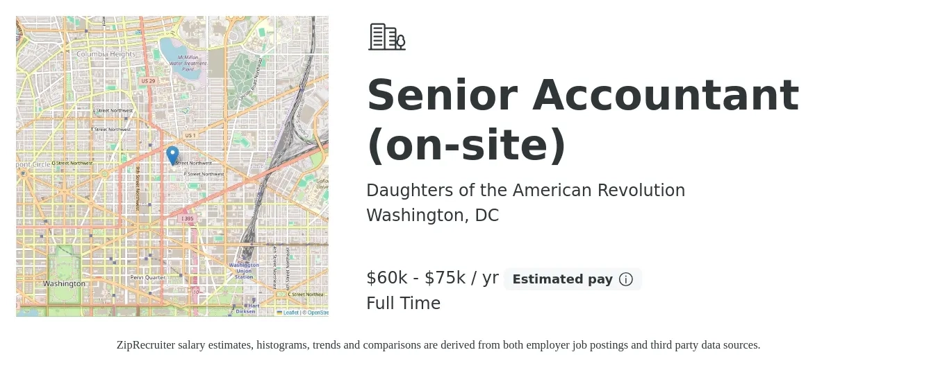 Daughters of the American Revolution job posting for a Senior Accountant (on-site) in Washington, DC with a salary of $60,000 to $75,000 Yearly with a map of Washington location.