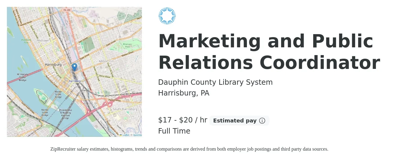 Dauphin County Library System job posting for a Marketing and Public Relations Coordinator in Harrisburg, PA with a salary of $18 to $21 Hourly with a map of Harrisburg location.
