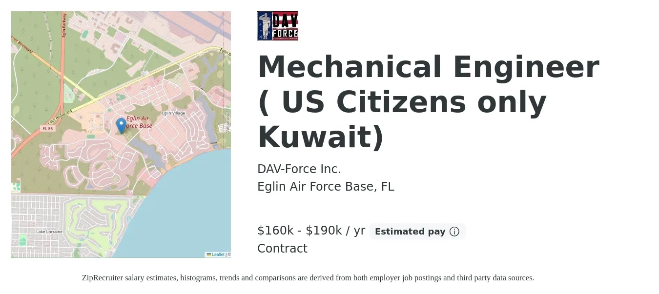 DAV-Force Inc. job posting for a Mechanical Engineer ( US Citizens only Kuwait) in Eglin Air Force Base, FL with a salary of $160,000 to $190,000 Yearly with a map of Eglin Air Force Base location.