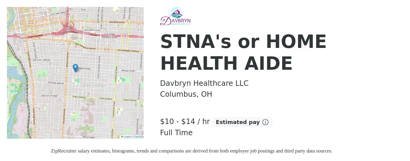 Davbryn Healthcare LLC job posting for a STNA's or HOME HEALTH AIDE in Columbus, OH with a salary of $11 to $15 Hourly with a map of Columbus location.