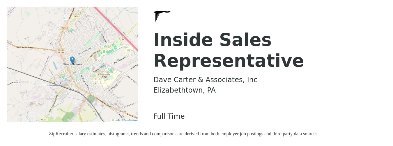 Dave Carter & Associates, Inc job posting for a Inside Sales Representative in Elizabethtown, PA with a salary of $35,600 to $53,100 Yearly with a map of Elizabethtown location.