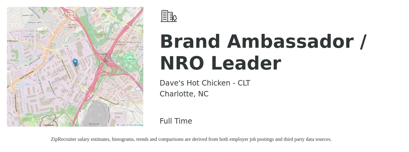 Dave's Hot Chicken - CLT job posting for a Brand Ambassador / NRO Leader in Charlotte, NC with a salary of $16 to $23 Hourly with a map of Charlotte location.