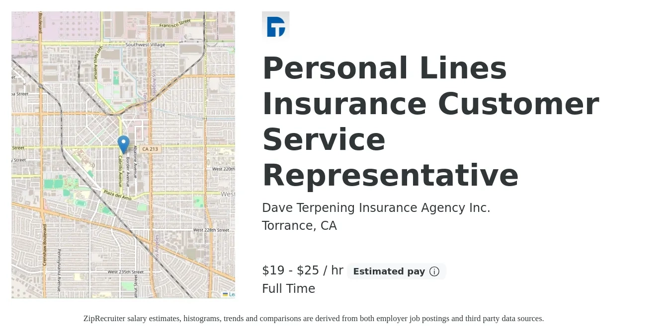 Dave Terpening Insurance Agency Inc. job posting for a Personal Lines Insurance Customer Service Representative in Torrance, CA with a salary of $20 to $27 Hourly with a map of Torrance location.