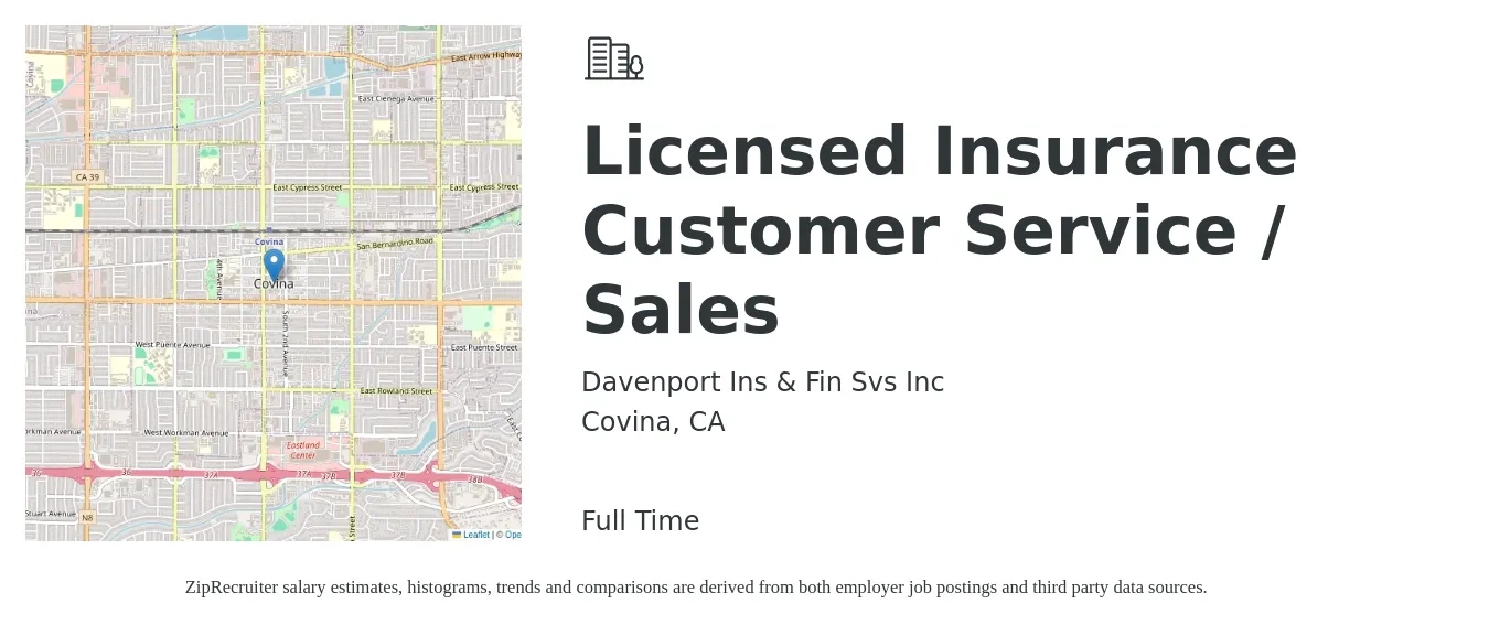 Davenport Ins & Fin Svs Inc job posting for a Licensed Insurance Customer Service / Sales in Covina, CA with a salary of $41,800 to $57,500 Yearly with a map of Covina location.
