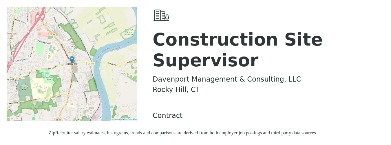 Davenport Management & Consulting, LLC job posting for a Construction Site Supervisor in Rocky Hill, CT with a salary of $57,200 to $90,500 Yearly with a map of Rocky Hill location.