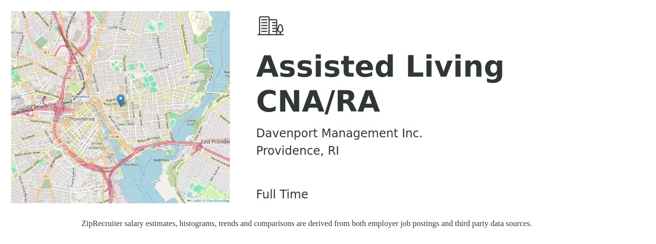 Davenport Management Inc. job posting for a Assisted Living CNA/RA in Providence, RI with a salary of $16 to $20 Hourly with a map of Providence location.