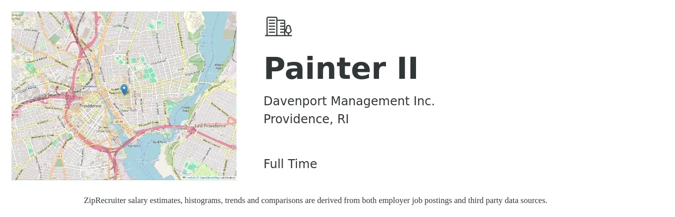 Davenport Management Inc. job posting for a Painter II in Providence, RI with a salary of $18 to $25 Hourly with a map of Providence location.