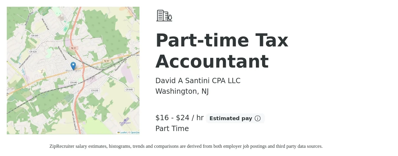 David A Santini CPA LLC job posting for a Part-time Tax Accountant in Washington, NJ with a salary of $17 to $25 Hourly with a map of Washington location.