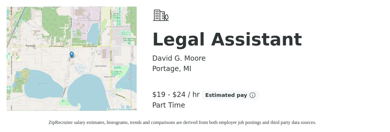 David G. Moore job posting for a Legal Assistant in Portage, MI with a salary of $20 to $25 Hourly with a map of Portage location.