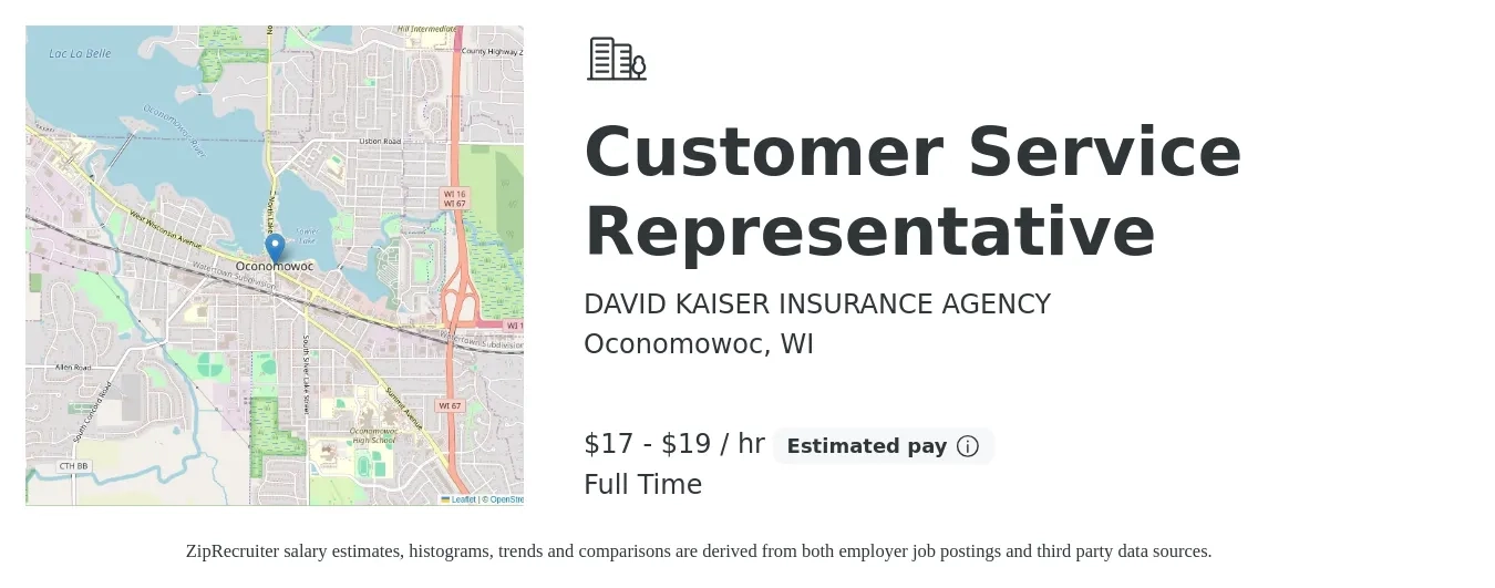 DAVID KAISER INSURANCE AGENCY job posting for a Customer Service Representative in Oconomowoc, WI with a salary of $18 to $20 Hourly with a map of Oconomowoc location.