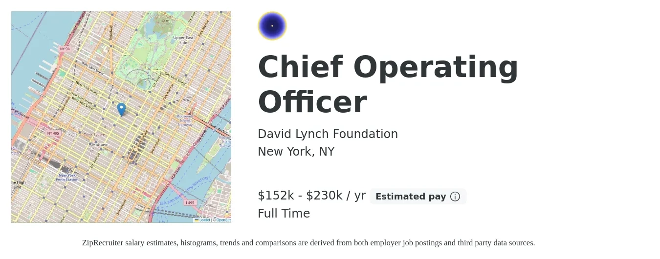 David Lynch Foundation job posting for a Chief Operating Officer in New York, NY with a salary of $152,000 to $230,000 Yearly with a map of New York location.
