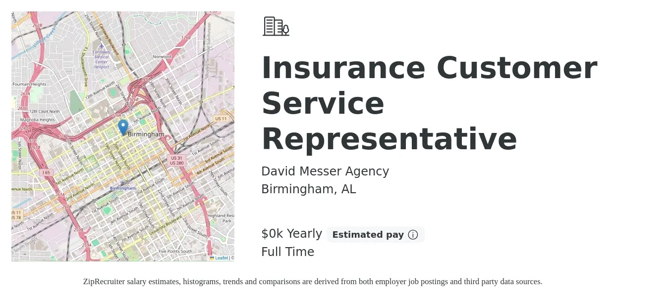 David Messer Agency job posting for a Insurance Customer Service Representative in Birmingham, AL with a salary of $12 to $15 Yearly with a map of Birmingham location.