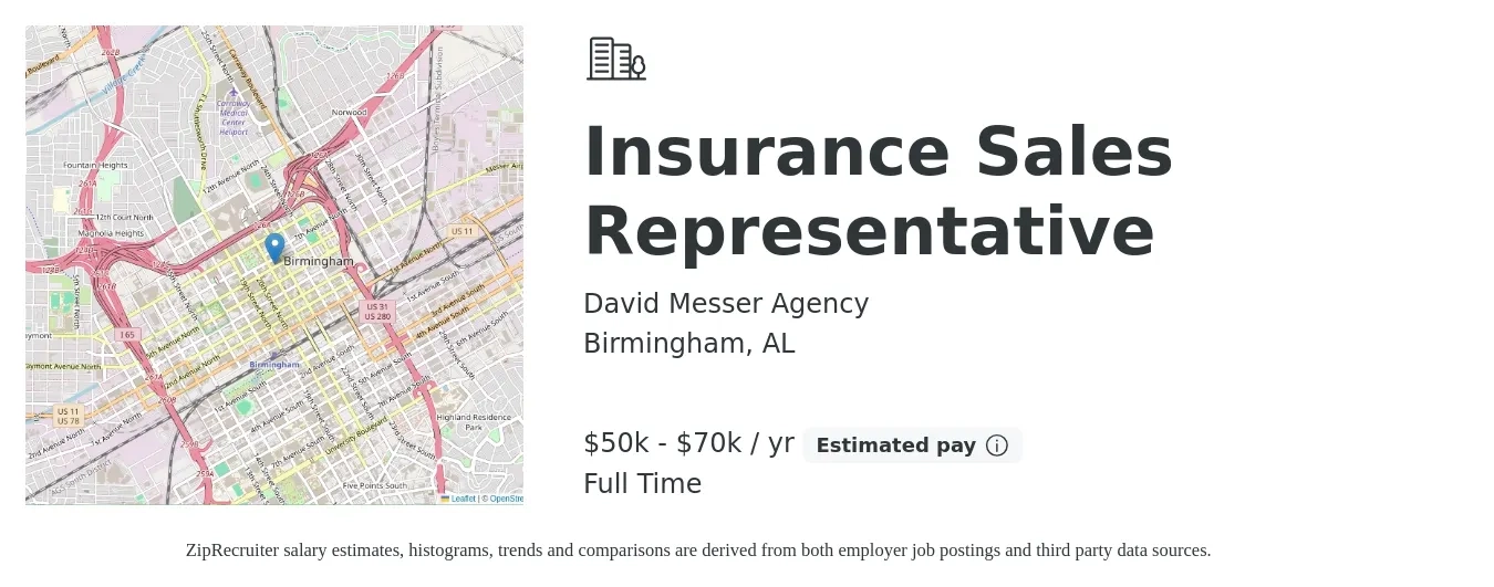 David Messer Agency job posting for a Insurance Sales Representative in Birmingham, AL with a salary of $50,000 to $70,000 Yearly with a map of Birmingham location.