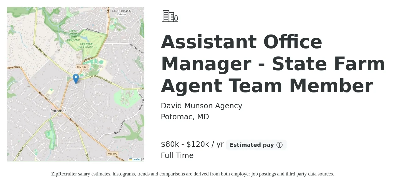 David Munson Agency job posting for a Assistant Office Manager - State Farm Agent Team Member in Potomac, MD with a salary of $80,000 to $120,000 Yearly with a map of Potomac location.