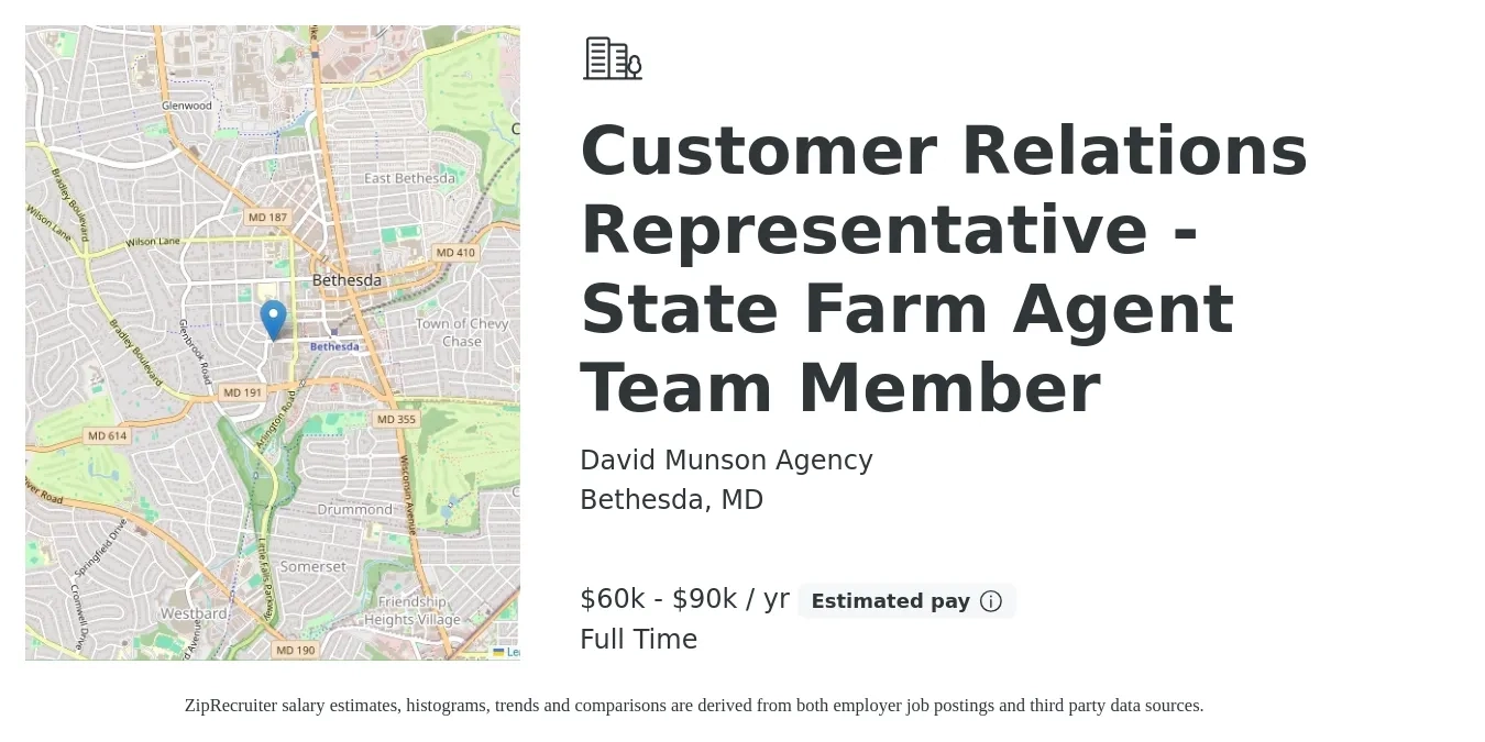 David Munson Agency job posting for a Customer Relations Representative - State Farm Agent Team Member in Bethesda, MD with a salary of $60,000 to $90,000 Yearly with a map of Bethesda location.