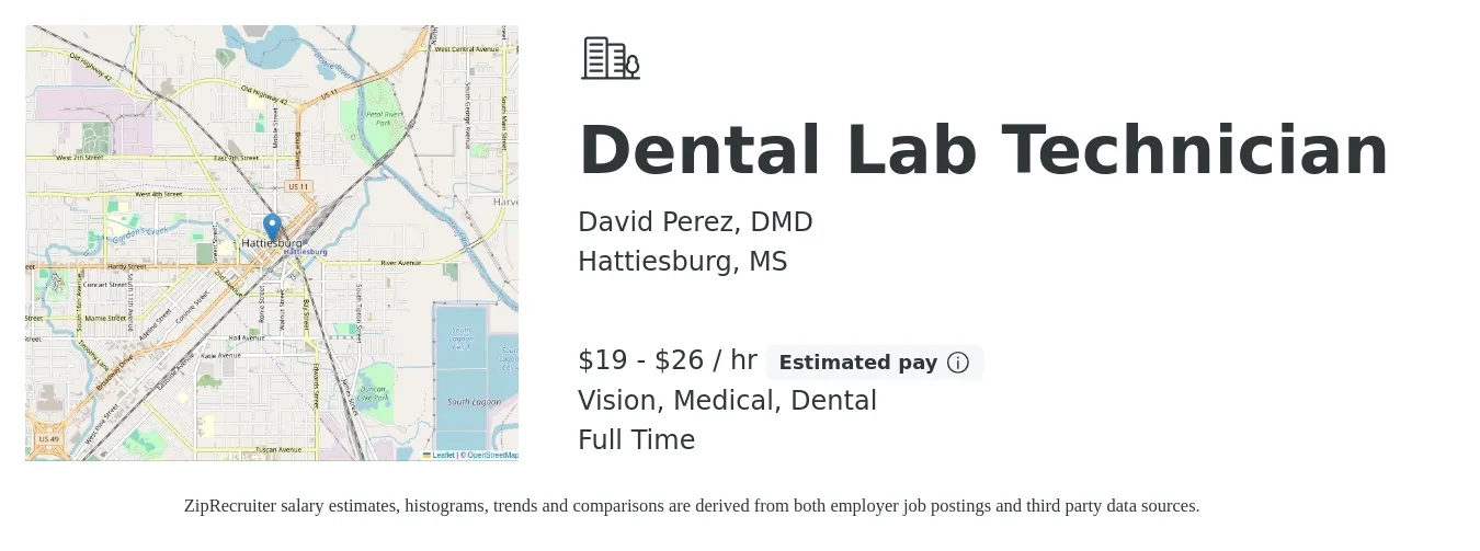 David Perez, DMD job posting for a Dental Lab Technician in Hattiesburg, MS with a salary of $20 to $28 Hourly and benefits including medical, pto, retirement, vision, dental, and life_insurance with a map of Hattiesburg location.