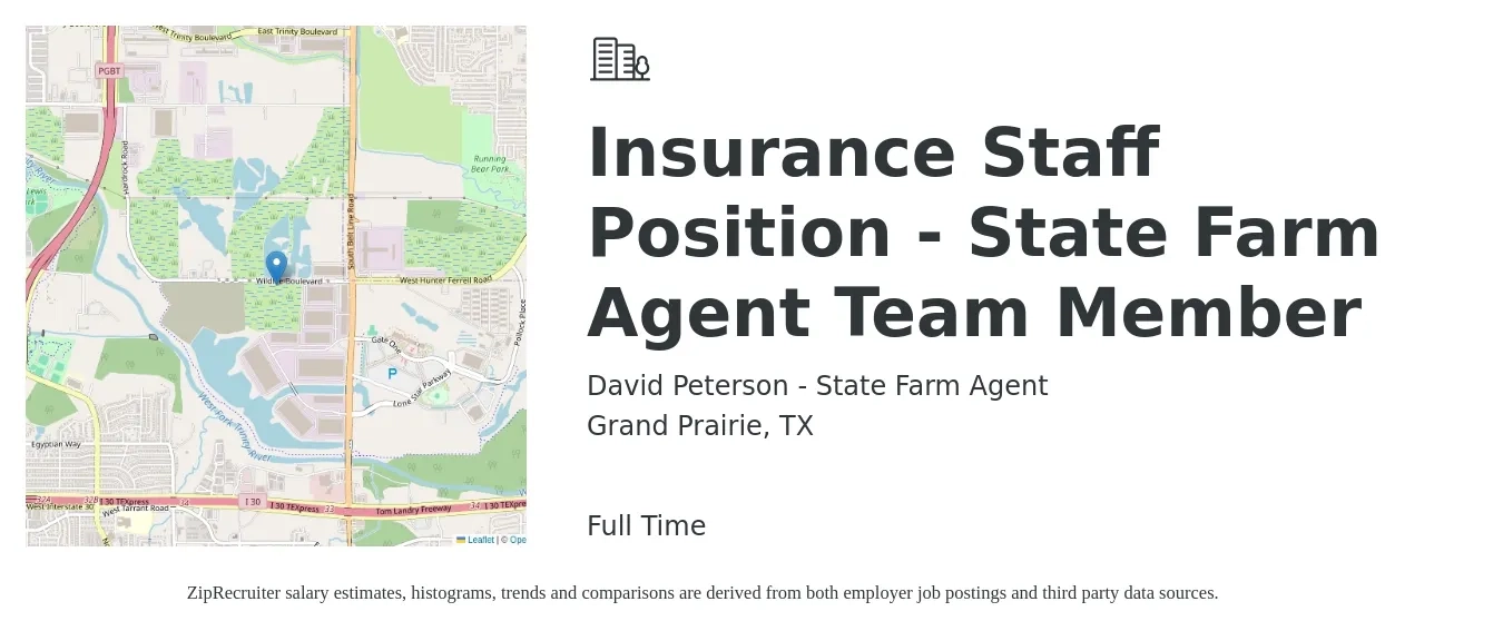 David Peterson - State Farm Agent job posting for a Insurance Staff Position - State Farm Agent Team Member in Grand Prairie, TX with a salary of $15 to $42 Hourly with a map of Grand Prairie location.