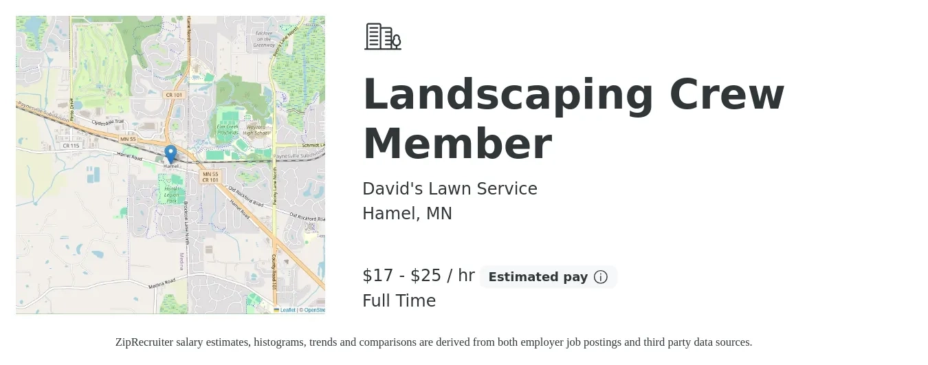 David's Lawn Service job posting for a Landscaping Crew Member in Hamel, MN with a salary of $19 to $28 Hourly with a map of Hamel location.