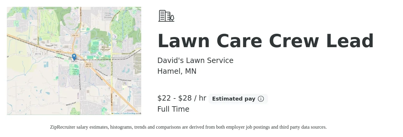David's Lawn Service job posting for a Lawn Care Crew Lead in Hamel, MN with a salary of $23 to $30 Hourly with a map of Hamel location.