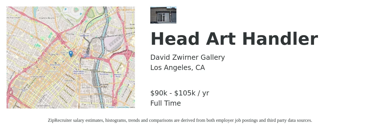 David Zwirner Gallery job posting for a Head Art Handler in Los Angeles, CA with a salary of $90,000 to $105,000 Yearly with a map of Los Angeles location.