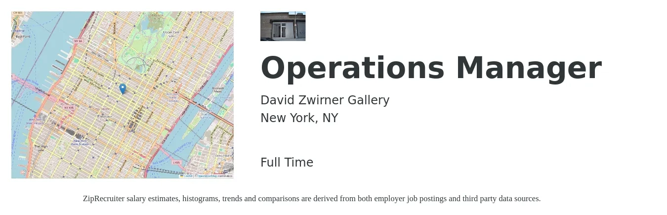 David Zwirner Gallery job posting for a Operations Manager in New York, NY with a salary of $44,900 to $84,800 Yearly with a map of New York location.